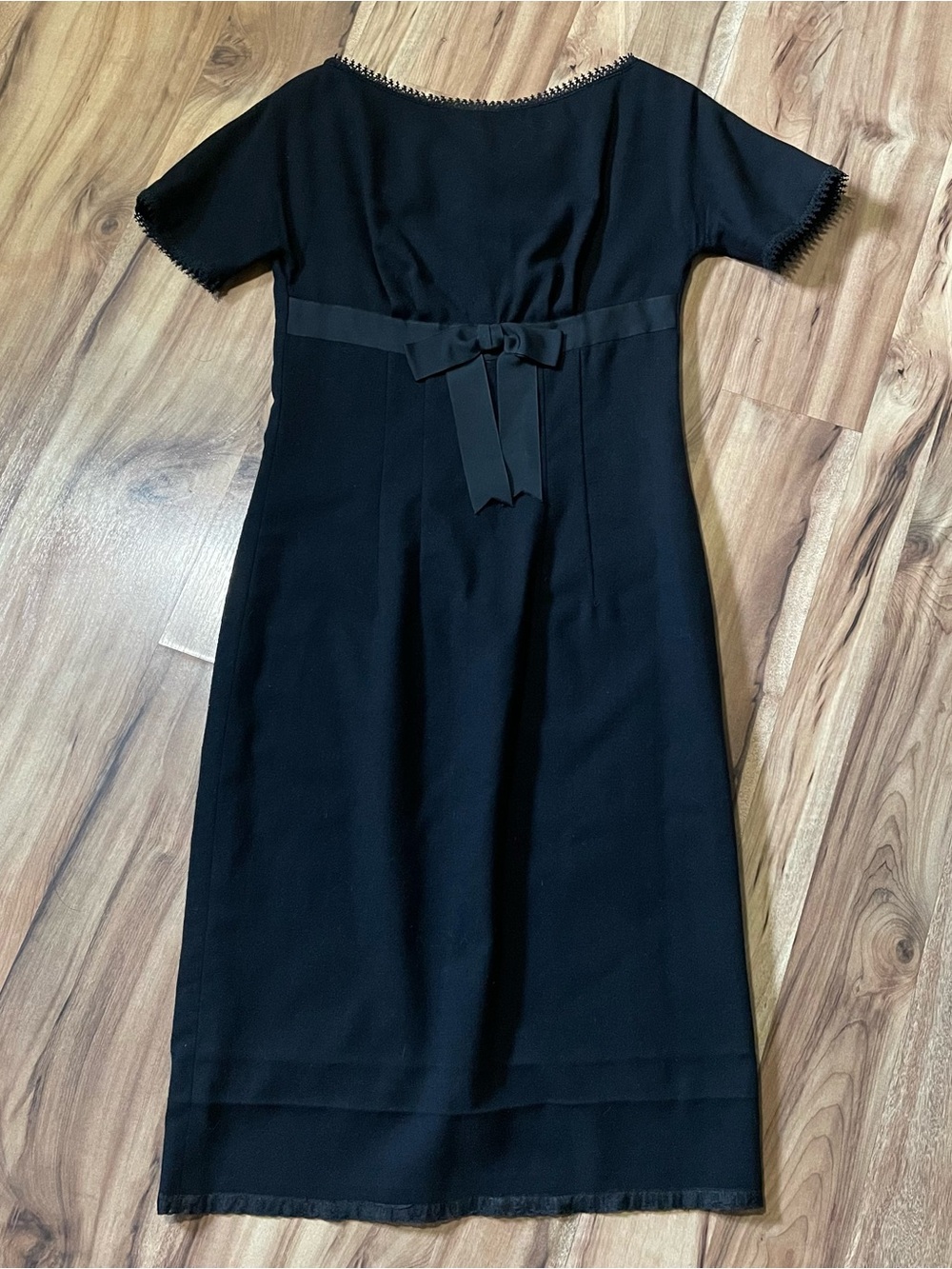 VTG 1950s Mr. Mort Black Cocktail Dress Ribbon Bow Trim Mid-Century Modern